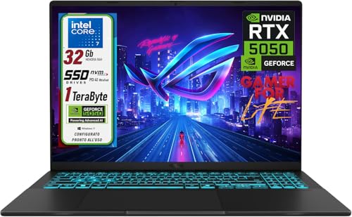 Notebook Portatile Gaming, Intel Core 7 240H da 5,2 GHz, RAM 32GB DDR5, SSD 1TB NVMe, NVIDIA GeForce RTX 5050 8GB, Display 16" FHD IPS, Webcam 1080p, WiFi 6E, Tastiera Retroilluminata, Win 11 Pro - Notebook