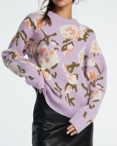 Women's Flower Sweater Crew Neck Casual Long Sleeve Drop Shoulder Pullover Sweaters Knit Top4