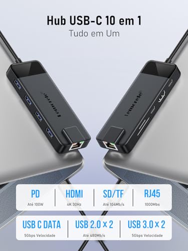 Image of Lemorele USB-C 10 in 1 Hub Adapter with Gigabit Ethernet, 4K HDMI, 4 USB 3.0 Ports, 100W PD and SD /TF Reader - Plug & Play for MacBook Air /Pro, iPad, Steam Deck and Switch