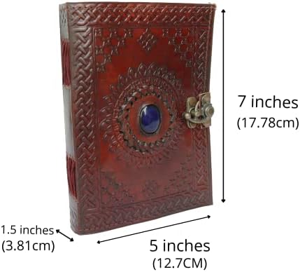7" Leather Journal with Clasp & Stone Writing Pad Blank Notebook Handmade Notepad for Men & Women Unlined Paper Best Present Sketchbook Travel Diary to Write Book of Shadows Refillable Grimoire Large