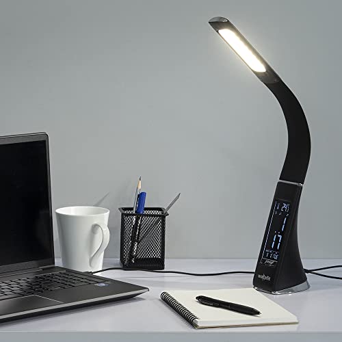 Wakefit Study/Table/Desk/Book/LED Lamp with Leather Design, 3 Grade Brightness (20%, 50%, 100%), Digital Calendar/Weather, Foldable Design, USB Connector, 1 Year Warranty, Haytham (Black)
