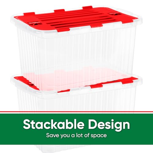 Image of Superio Red Storage Box with Red Hinged Lids, Plastic Container Bins for Organizing with Attached Lid, Stackable Crates, BPA Free, Organizers for Home and Office, 35 Quart (20.25 inchx14 inchx10.5 inch)