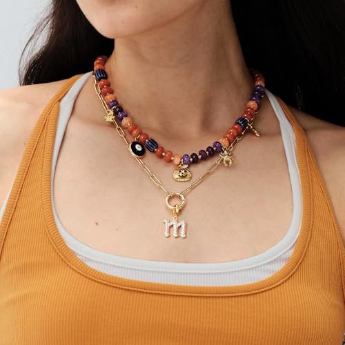 KissYan Halloween Beaded Charm Necklace, Natural Gemstone Choker with 14K Gold Plated Pumpkin Witch Pendant Party Costume Dress Up Jewelry for Women2