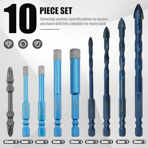 10 Pcs Diamond Drill Bit Set, Alloy Glass Drill Bits, Multifunctional Diamond Hole Saw Set for Precise Drilling on Porcelain, Ceramic, Marble, Sizes 1/4\" 5/16\" 3/8\" 3/16\", Built-in Solid Cooling Wax