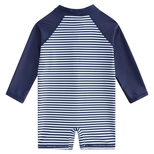 uideazone 12-18 Months Baby Boys One Piece Swimwear Navy Blue Striped Surfing Beach Swimsuit Sun Protective Sunsuit
