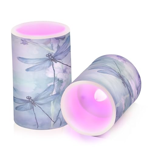 Image of Watercolour Dragonfly Flameless Candles, Flameless Candles with Remote Set of 2, Flameless Candles Battery Operated, Pillar Candles Home Decoration, Christmas, Party