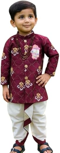 Kid Boys Maroon White Stylish Long Sleeves Sherwani & Bottom Set