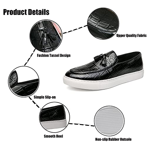 WENOREG Men's Leather Tassel Flat Slip-On Comfort Loafers,Fashion Round Toe Faux Crocodile Grain Flat Heel Anti-Slip Resistant Walking Causal Work Driving Party Shoes2