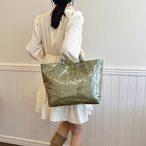 Image of PVC Tote Bag for Women Solid Color Large Letter Print Tote Bag Kraft Paper Clear Plastic Handbag Top Handle Bag(Green)