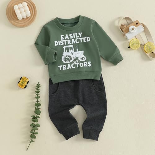 Toddler Baby Boy Fall Winter Clothes Letters Tractors Print Long Sleeve Crewneck Sweatshirt and Pants Cute Outfits2