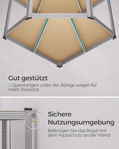 SONGMICS Eckregal-Set 4 Ebenen, Schwerlastregal, Metall, Lagerregal für Garage, Abstellraum, Kellerregal, bis 1500 kg belastbar, silbern-naturbeige GLR056E03