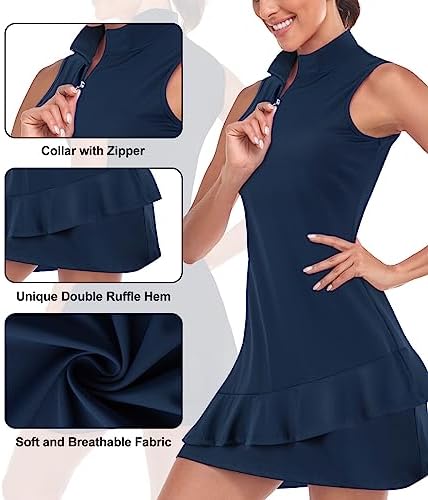 Tennis Dress for Women Golf Outfits Sleeveless Stand Collar Short Dresses with Pockets Zip Up Moisture Wicking for Workout Athletic Dark Blue-M - 3