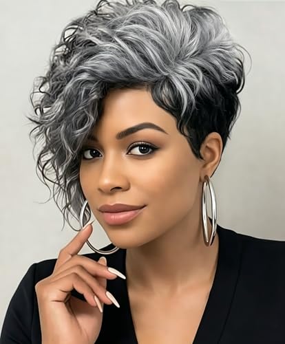 SEVENCOLORS Mixed Grey Wigs for Black Women Natural Wavy Curly Pixie Cut Wigs Synthetic Hair Silver Black Short Hair Wigs with Long Bangs