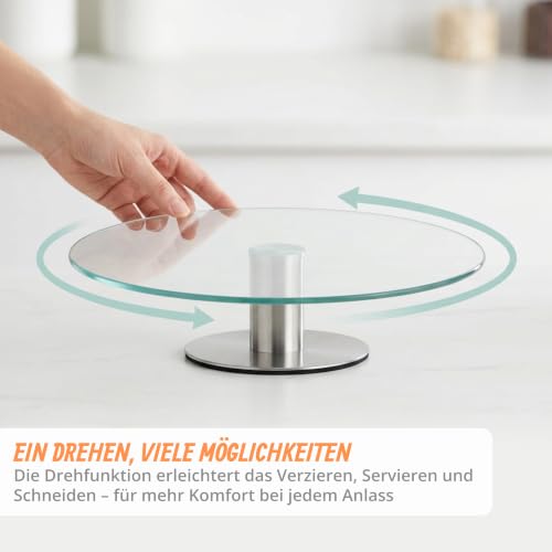 Foto von Relaxdays Tortenplatte drehbar, Standfuß, Kuchenplatte zum Dekorieren, Torten Drehteller für Kuchen, Ø 30cm, transparent, 1 Stück
