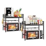 Mointal 2 Stück Mikrowelle Regal, 2-Stufig Verstellbar Mikrowelle Ständer, Metall Küche Regal für Arbeitsplatte Aufbewahrung, Mikrowelle Halter Organizer mit 8 Haken, Schwarz