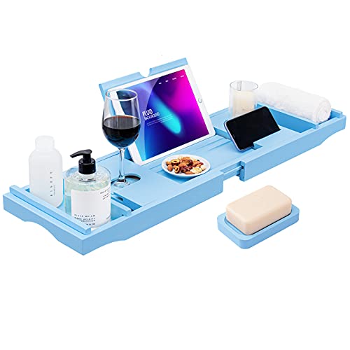 HBlife Badewannenablage aus Bambus, langlebig, rutschfest, für eine oder zwei Personen, ausziehbare Seiten, passend für jede Badewanne, Handy, iPad und Weinglas, inklusive Seifenhalter, Blau Cover