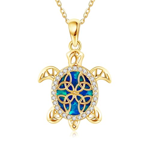 ELFRONT 14K Gold Turtle Necklace for Women Real 14K Yellow Gold Sea Turtle Celtic Knot Opal Pendant Necklace Animal Jewelry Gifts for Women