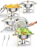 RBFGYIOP Hochwertig Chafing Dish 4er Set 5L Rund – Edelstahl Buffetwärmer mit Glasdeckel, Deckelhalter, Löffel & Pinzette – Ideal für Gastronomie, Catering, Events, Hochzeiten, Gold – 4-teiliges Set