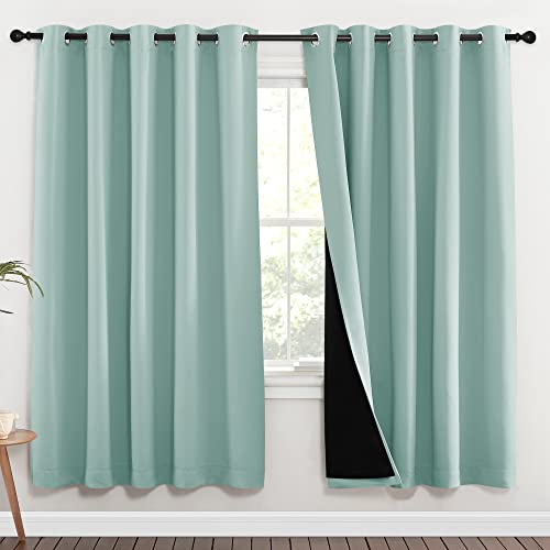 NICETOWN 100% Blackout Window Curtain Panels, Full Light Blocking Drapes with Black Liner for Nursery, 72-inch Drop Thermal Insulated Draperies (Aqua