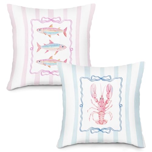 LLOKARNORA Preppy Fish Lobster Throw Pillow Covers Set of 2, Pink Striped Summer Beachy Nautical Square Pillow Case Cover for Couch, Coastal Seafood Lobster Cushion Cover Case for Beach Cottage,18x18