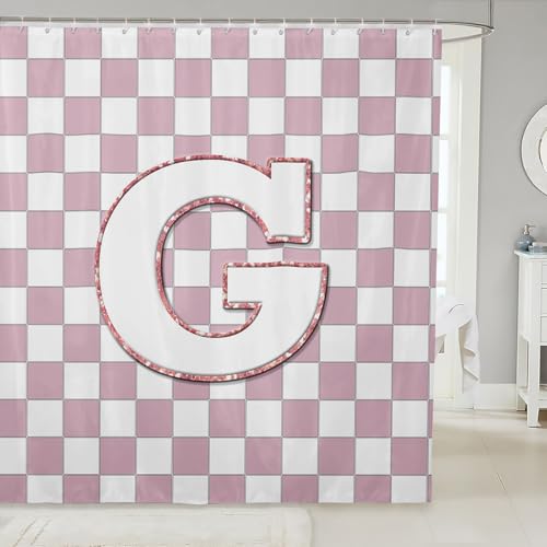 Image of Erosebridal Pink Initial G Bathroom Accessories Kawaii Plaid Checkered Shower Curtain Cute Personalized Monogram Bathroom Curtain for Kids Girls 72 inch Wx72 L Fashion Grids Gingham Shower Decor