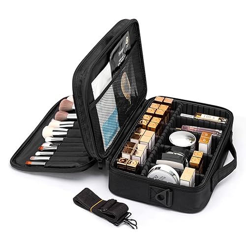Bolsa de Neceser Maquillaje Profesional Grande, Tela Oxford Organizador de Maquillaje, Mujer Maletin Maquillaje de Viaje con Gran Capacidad y Diseño Divisible, con Bandolera y 2 Capas, Negro