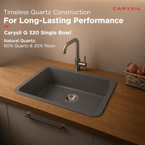 Image of Carysil Q 320 GRANDE Quartz Kitchen Sink 24 x 18 x 8 inches, Single Bowl, 80% Quartz & 20% Resin, Heat Resistant 300C, 50kg Load, Scratch & Stain Resistant, Granite Sink, 304 SS Coupling - Arena