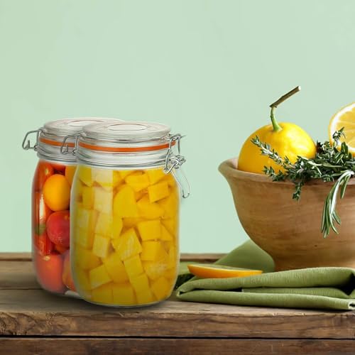 Encheng 32 oz Wide Mouth Mason Jars With Airtight Hinged Lids, Leak Proof Rubber Gasket - 1000ml Glass Storage Containers, Set of 4
