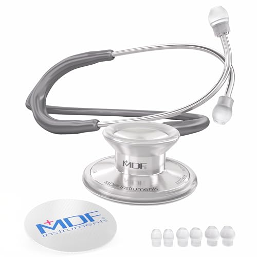 MDF Instruments, Acoustica Lightweight Stethoscope for Doctors, Nurses, Students, Home Health Use, Adult, Dual Head, Grey Tube, Silver Chestpiece-Headset, MDF747XP12