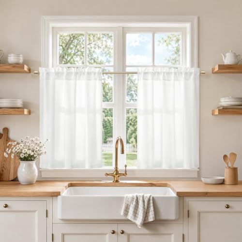 HOMEIDEAS Non-See-Through White Sheer Kitchen Tier Curtains, 30 X 36 Inches