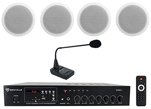 Rockville CCL6T Bundle: (4) White 6 in 70V Commercial Ceiling Speakers for Restaurant or Office, RCS80-1 60 Watt Bluetooth Amplifier, CH-MIC70 Gooseneck Paging Microphone with Chimes, 6-Items