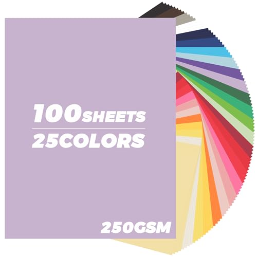 100 Sheets Colored Cardstock 25 Colors - 8.5 X 11 Inches Art Crafts Construction Paper, 92lb/250gsm Heavy Weight Thick Card Stock Paper for Printer, DIY Cards Making, Scrapbooking UAP24MX100