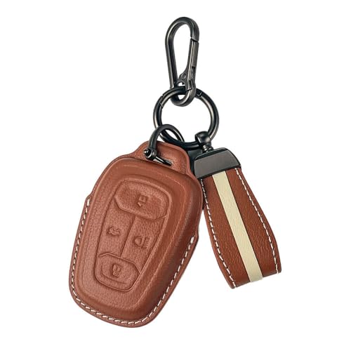 Image of Keyzone Royal Leather Key Cover for Tata Nexon, Harrier, Safari, Altroz, Punch, Tigor 4 Button smart Key (Cognac Brown)
