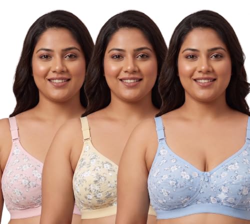 Image of Narsingha Dreams Women's Cotton Blend Floral Printed Non-Padded Plus Size Heavy Bust Minimizer Full Coverage T-Shirt Bra Combo Pack of 3