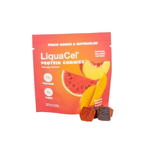 LiquaCel Protein Gummies, Watermelon & Peach Mango, 13g Protein & 4g Fiber, Naturally Flavored with Collagen Peptides, No Artificial Colors or Flavors, Phosphorus-Free, 64g Bag of 12 Gummies, 10-Pack