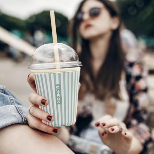 Image of Reusable Insulated Sleeve for Iced Coffee Cup, Coffee Neoprene Sleeve for Cold & Hot Drinks, Beverage Holder for Iced Coffee (Green Stripes, Small: 16-18oz)