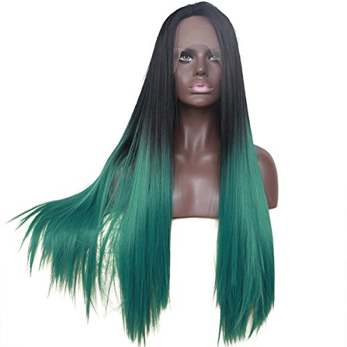 Ebingoo Green Ombre Dark Roots Natural Straight Synthetic Lace Fornt Wig 18inch