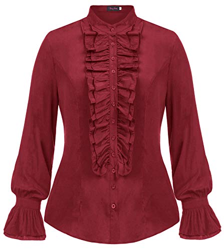 Hanna Nikole Women Ruffle Collar Shirt Plus Size Elegant Tops Blouse Long Sleeve Wine Red 22W