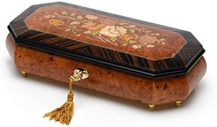 Traditional Style 30 Note Cut Corner Music Box with Floral Wood Inlay - Oh Christmas Tree