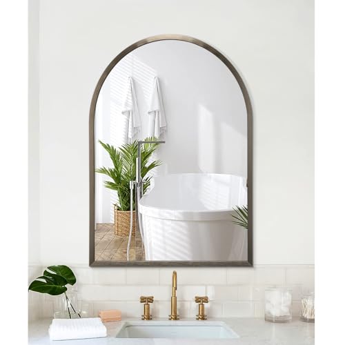 Image of Arched Metal Framed Wall Mirror, Large 26 inchx18 inch Aluminum Alloy Bathroom Mirror for Wall, for Bedroom, Entryway, Living Room Vanity Coffee