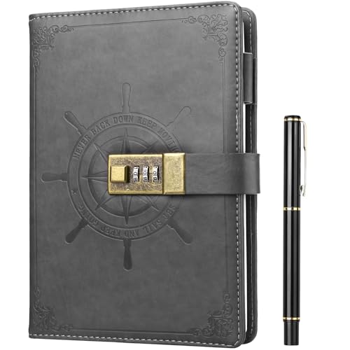 Kesote A5 Diary with Lock Journal With Lock Leather Cover Lined Notebook for Personal Daily Arrangement Journaling Work Record Back to School Supplies—212 Pages (Grey)