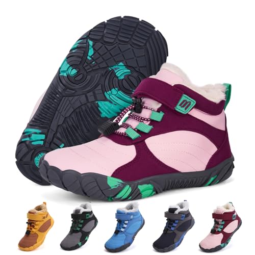 BibYuga Barfußschuhe Winter Kinder Winterschuhe Mädchen Jungen, Barfussschuhe Kinder Winter mit Warm Gefüttert, Wasserabweisend Winterstiefel Outdoor Rutschfest Traillaufschuhe