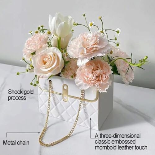 NADUSEP 4 PCS Flower Paper Gift Bag Bouquet Storage Bucket, Florist Flower Hand bag with Metal Chain Gift Case for Gifts Wrapping Supplies Bulk Mother\'s Day Valentine\'s Day Women\'s Day (Red)