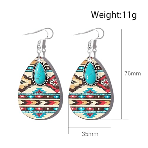 Native American Turquoise Dangle Earrings for Women Bohemia Natural Stone Teardrop Wooden Hook Earring Vintage Western Aztec Earrings Holiday Jewelry by GIGB PBDK - Used condition - Image 3