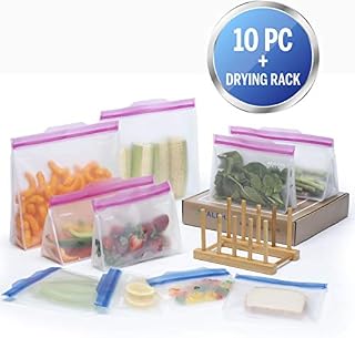 Atalpha Premium Reusable Baggies with Easy Open Tabs & Drying Rack |10 Pc