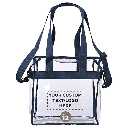 DISCOUNT PROMOS Custom Game Day Clear Tote Bags Set of 12, Personalized Bulk Pack - Stadium-Approved, Transparent, Game Day Essentials - Navy Blue