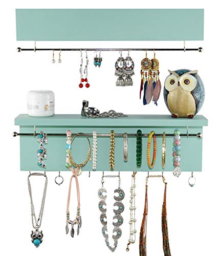 Spiretro Wall Mount Set of 2 Jewelry Organizer Holder Rack, Removable Sliver Metal Bar Display Earrings Bracelets, Hooks Hang Necklaces Ring, Shelf Storage Accessories Ornament, Solid Wood- Turquoise
