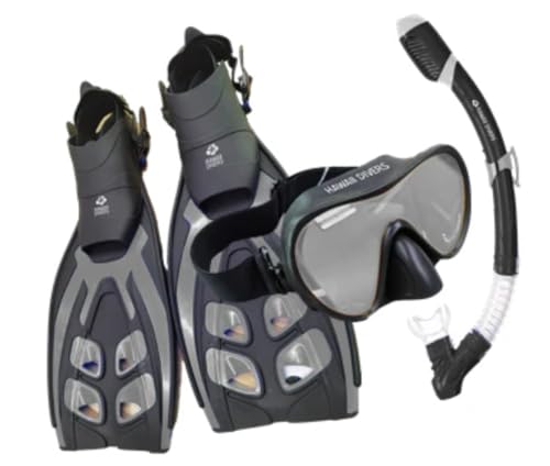 Hawaii Divers Deep Sea Mirrored Adult Snorkel Set - Scuba Mask Snorkel Set, Dry-Top Snorkel Mask Set, Snorkeling Gear with Adjustable Fins, Woven Strap, Silicone Mouthpiece, Silver/Black, L/XL