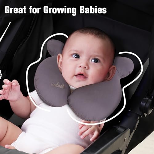 Image of KAKIBLIN Baby Travel Pillow, Upgraded Baby Neck Pillows for Car Seat, Infant Neck Support Pillow for Head and Neck,Newborn Head Support for Car Seat, Stroller, Pushchair(Grey) | Portable Washable Ergonomic Nursing arm Pillow for Feeding for Mom and Baby