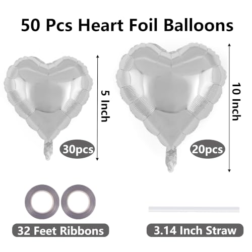 Image of 50 Pcs Silver Heart Balloons,5 Inch and 10 Inch Heart Foil Balloons Love Balloon Valentine Balloon for Birthday Party Wedding Engagement Party Baby Shower Valentine Day Decorations